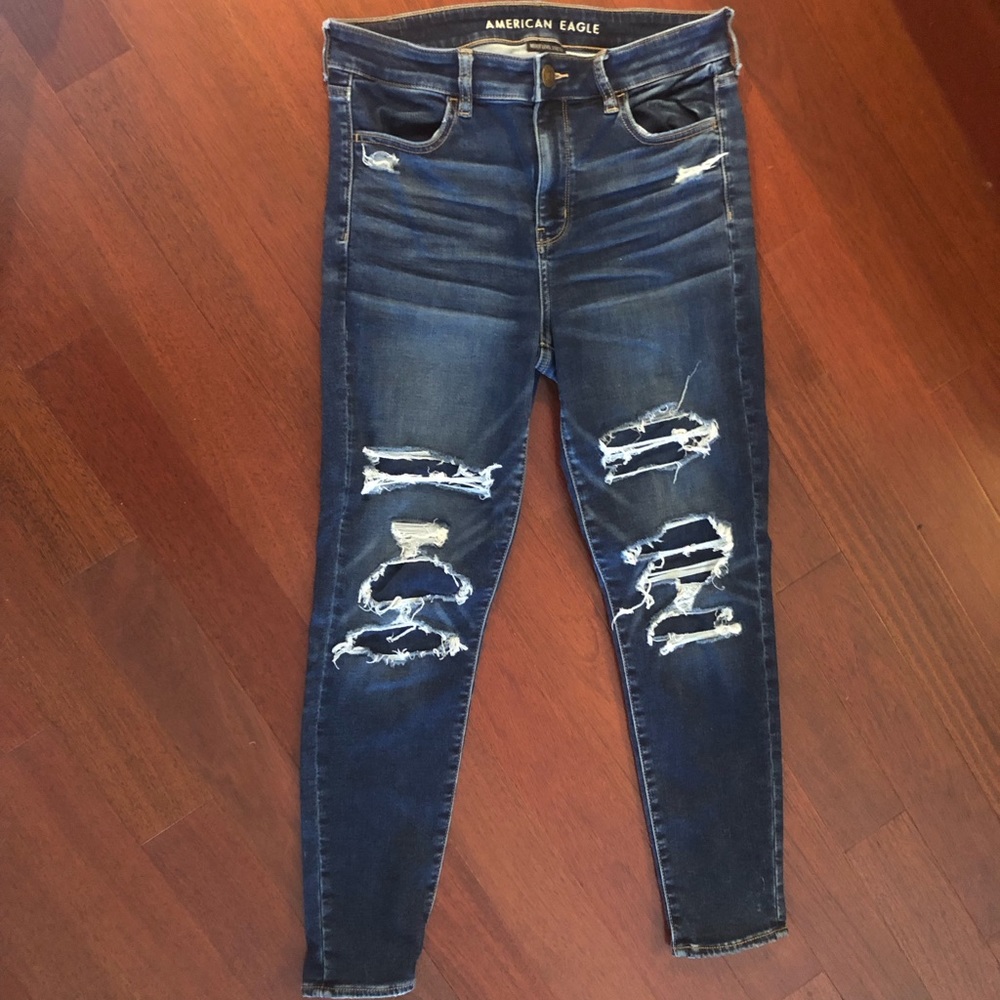AMERICAN EAGLE Hi Rise Jeggings Dark Deconstructed 10 Short Next Level Stretch